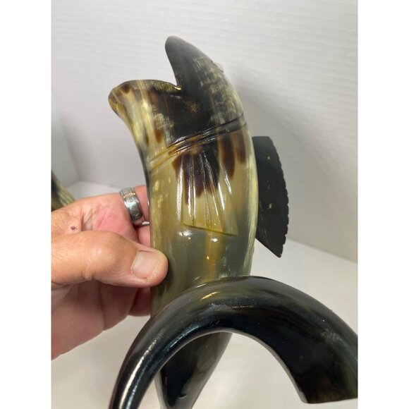 Large Hand-Carved Horn Fish Figurines Pair - Natural Polished Finish - Unique De - Picture 7 of 10